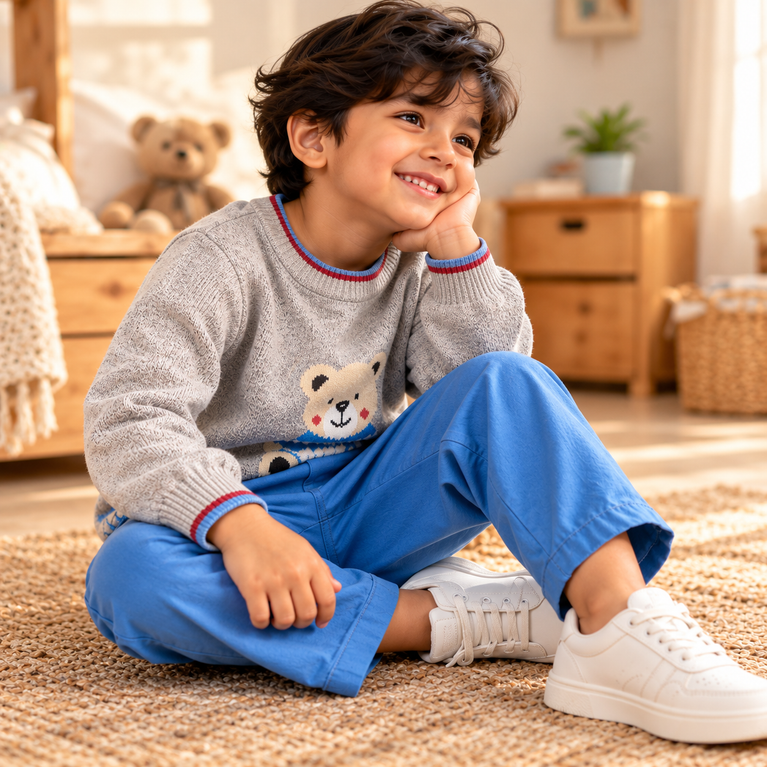 Grey Teddy Bear Sweater & Blue Pants Set for Boys | Cute Winter Kids Outfit