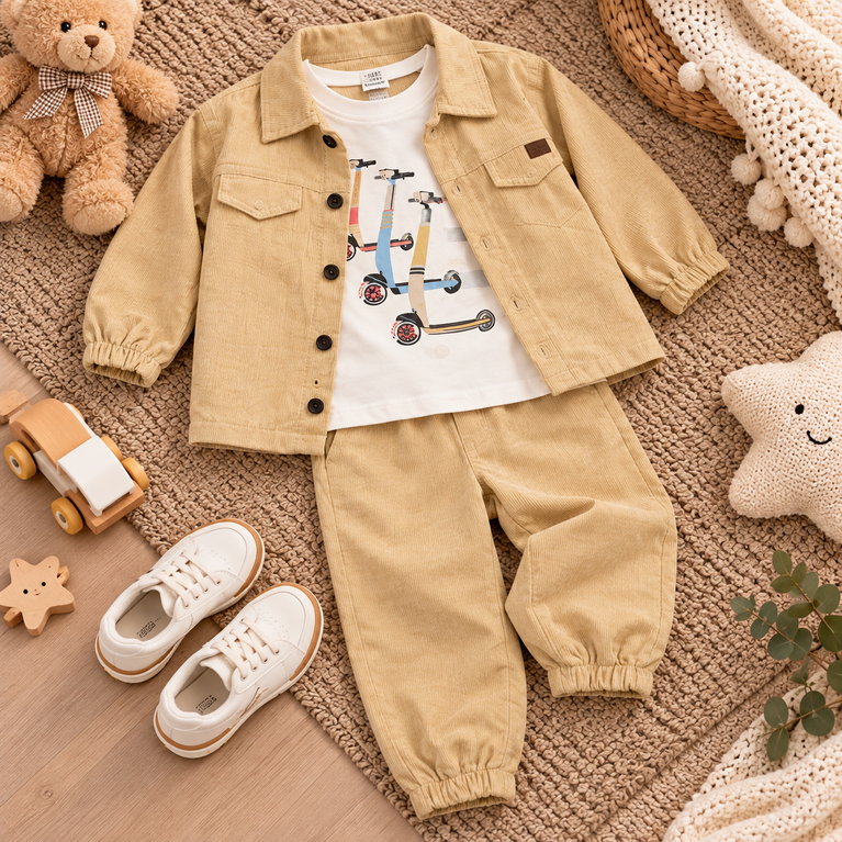 Beige Corduroy Jacket, Graphic T-Shirt & Jogger Set for Boys | Stylish Kids Outfit