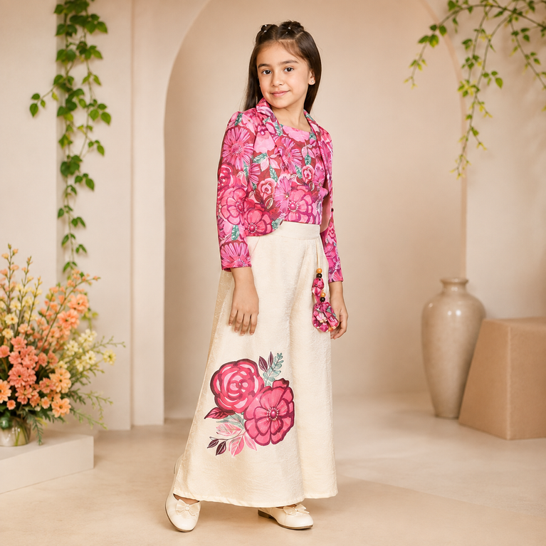 Pink Floral Jacket Top with Ivory Floral Palazzo Pants | Party Wear Set