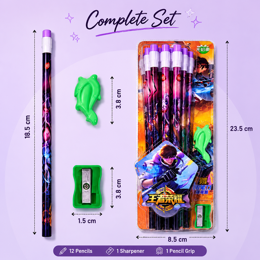 Anime Warrior 12 PCS HB Pencil Set with Sharpener & Eraser for Kids | Premium Smooth Writing School Stationery Kit