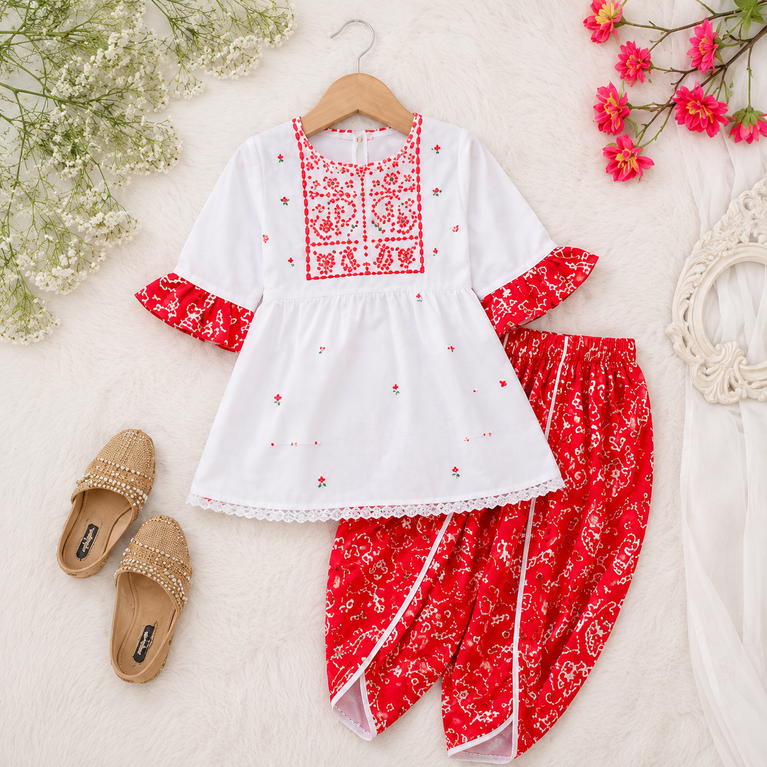 White Embroidered Peplum Kurti with Red Dhoti Pants Set | Kids Ethnic Festive Wear | Traditional Co-ord Outfit