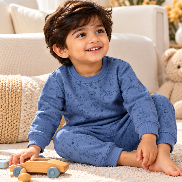 Blue Animal Print Sweatshirt & Jogger Set for Kids | Cute & Comfortable Winter Outfit | 12-18 Months