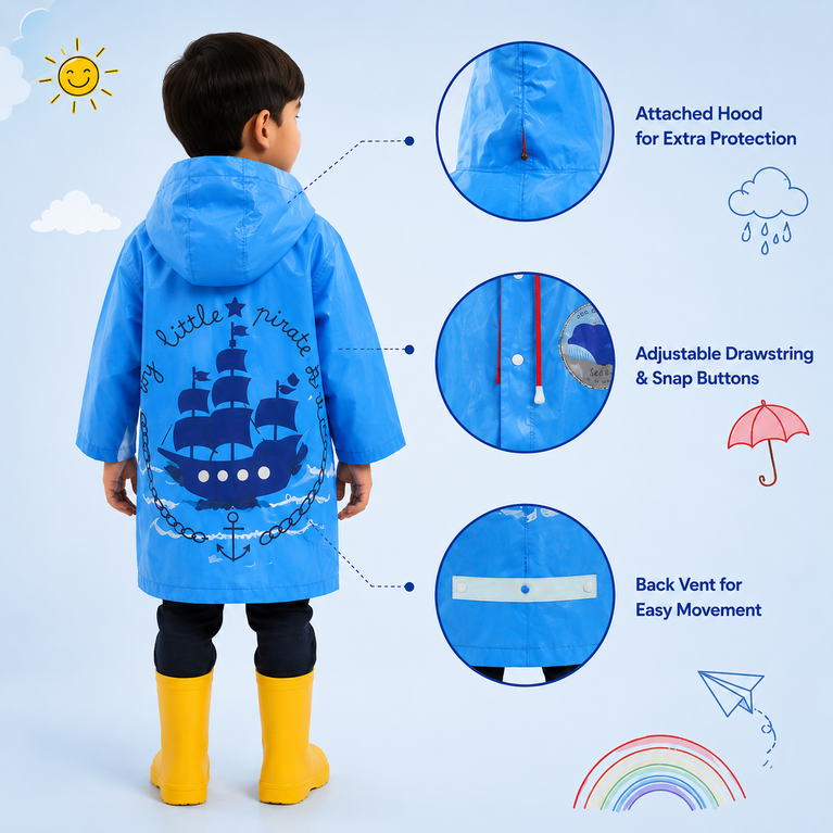 Hooded Raincoat for Kids with Wide Brim, EVA Student Rain Coat for Girls, School Bag Rain Cover