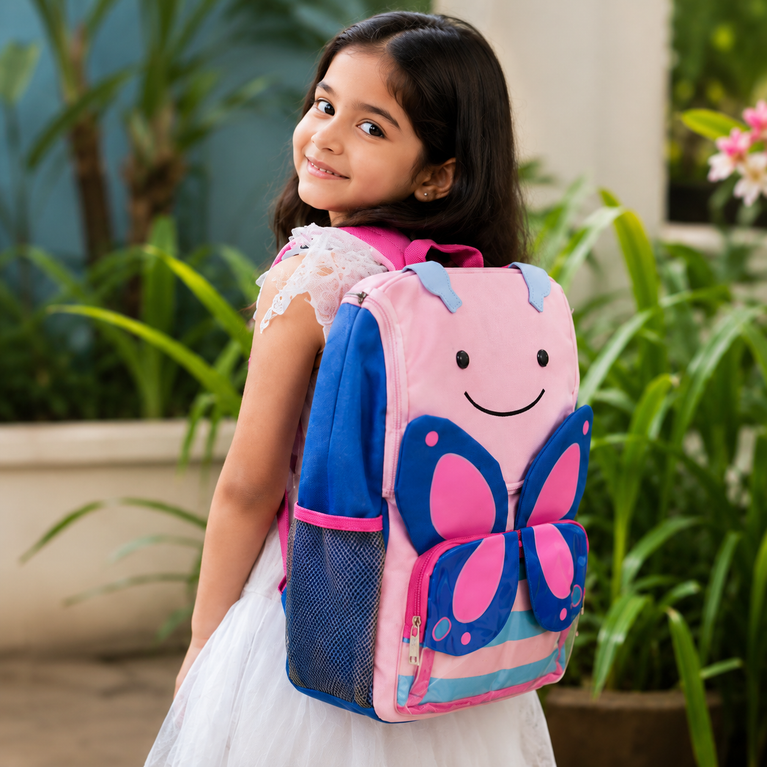Butterfly Design Kids School Backpack with 3D Wings &amp; Side Bottle Pocket | Pink &amp; Blue