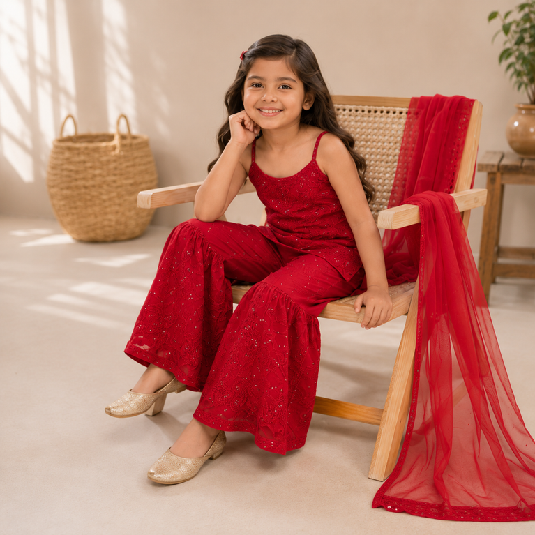 Embroidered Sharara Set with Soft Dupatta | Ethnic Party Wear | Festive Outfit for Kids