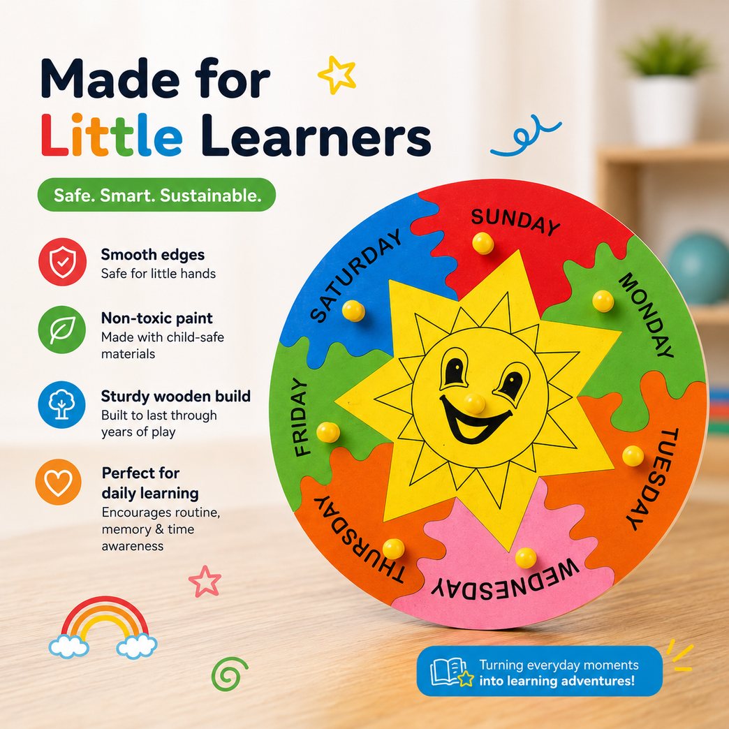 7 Days of the Week Wooden Learning Clock for Kids | Montessori Educational Calendar & Daily Routine Toy