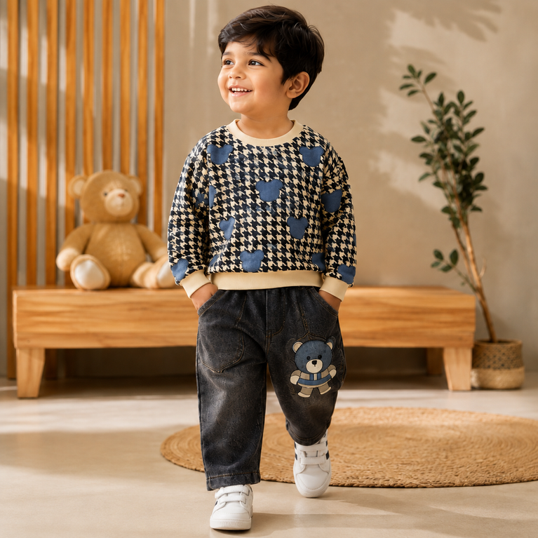 Bear Print Sweatshirt & Denim Jogger Set – Navy & Black