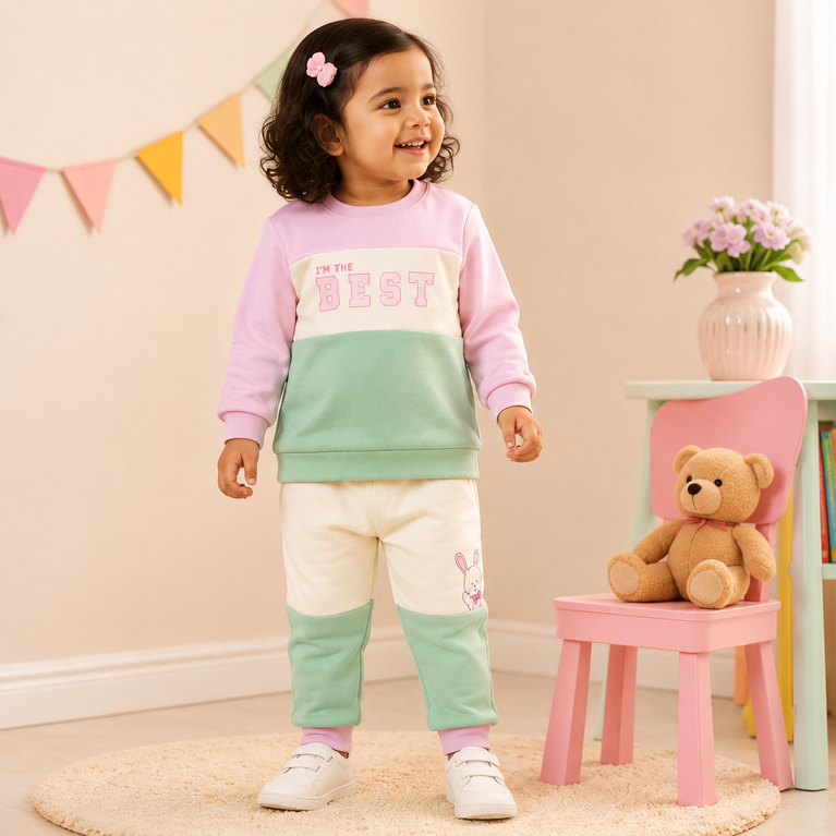 ToffyHouse 100% Cotton Knit Full Sleeves Text & Bunny Printed T-Shirt & Lounge Pants Set - Pink & Mint