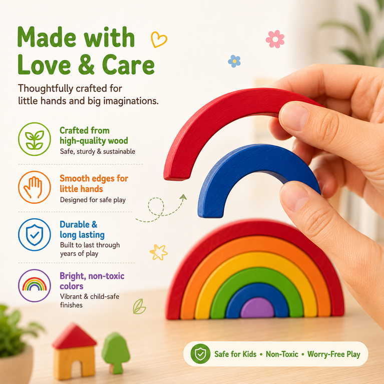 Montessori Wooden Rainbow Stacker Toy for Kids | Colorful Balancing & Open-Ended Learning Blocks