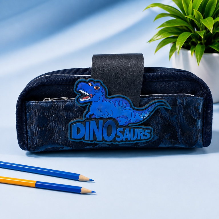 Dinosaur Pencil Case – Navy Blue Multi-Compartment Stationery Pouch