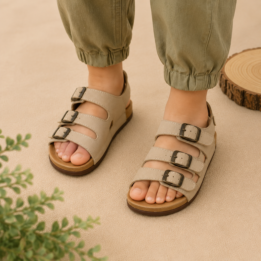 Kids Beige Triple Buckle Sandals | Comfortable Casual Summer Flats | Anti-Slip Lightweight Children's Sandals