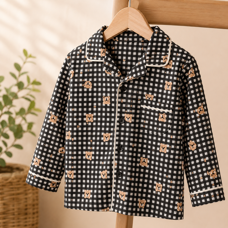 DOREME Kids Premium Cotton Teddy Bear Checkered Night Suit Set | Full Sleeve Shirt &amp; Pajama Sleepwear for Boys &amp; Girls