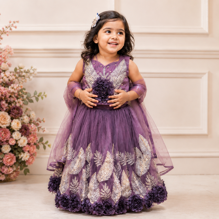 Purple Floral Embroidered Lehenga Choli Set with Net Dupatta | Designer Party Wear Ethnic Dress for Kids