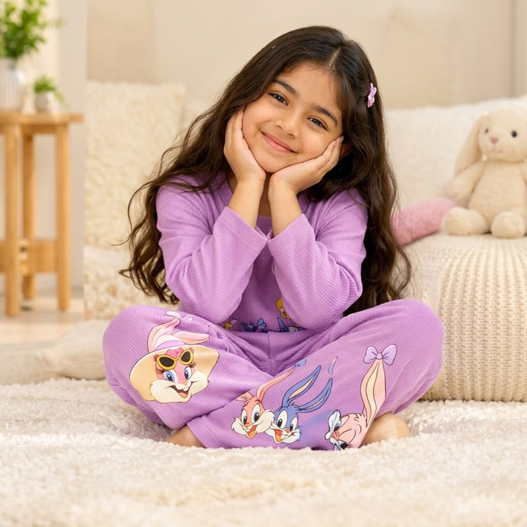Purple Cartoon Print Co-Ord Set | Full-Sleeve Top & Wide-Leg Pants