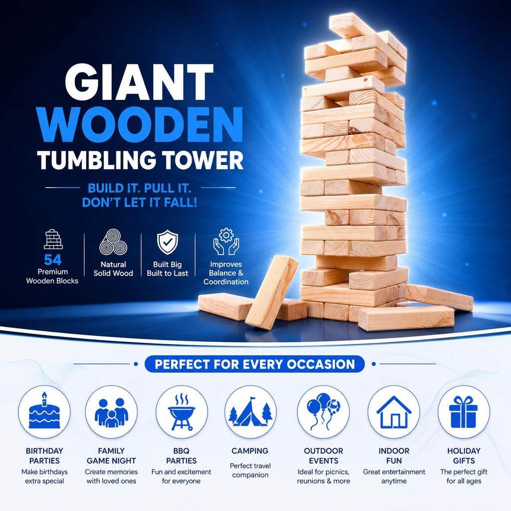 Giant Wooden Tumbling Tower Game – 54 Premium Solid Wood Blocks for Kids & Family