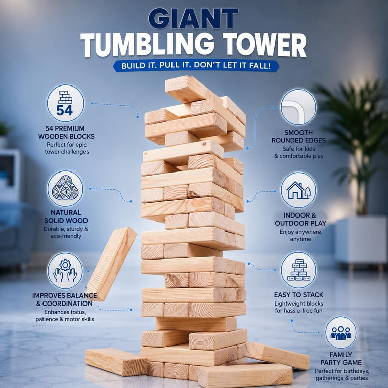 Giant Wooden Tumbling Tower Game – 54 Premium Solid Wood Blocks for Kids & Family