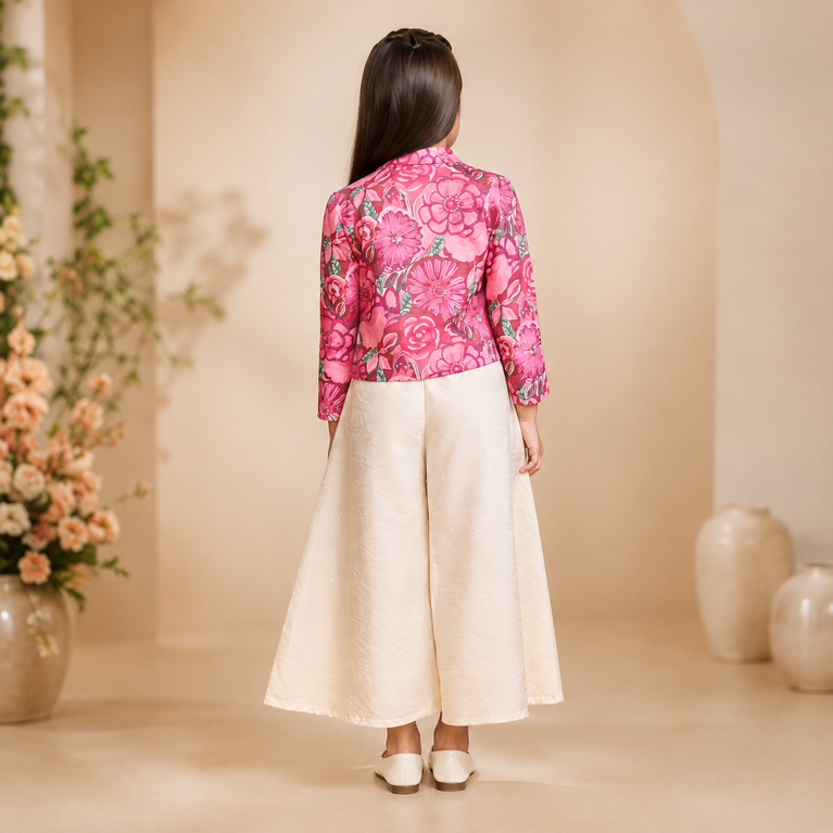 Pink Floral Jacket Top with Ivory Floral Palazzo Pants | Party Wear Set