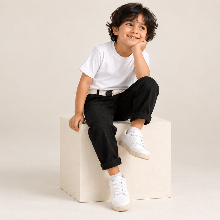 Black Denim Jeans for Boys with Belt | Regular Fit Kids Jeans