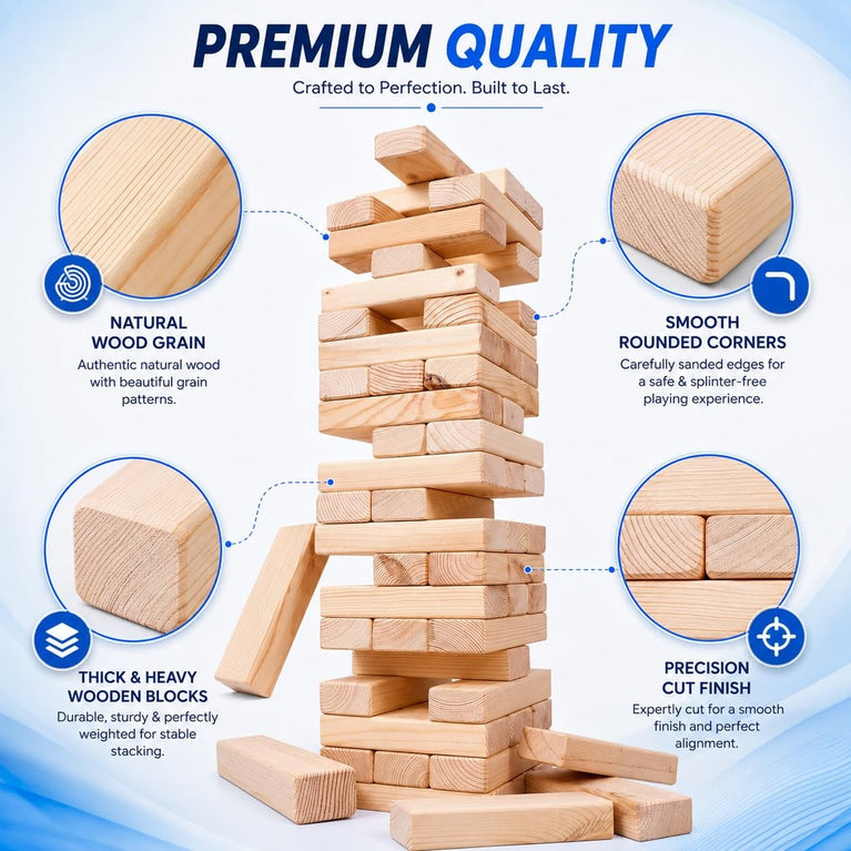 Giant Wooden Tumbling Tower Game – 54 Premium Solid Wood Blocks for Kids & Family