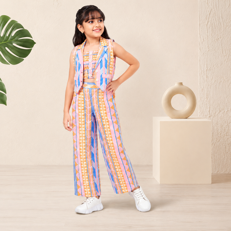 Pastel Geometric Crop Top, Vest Jacket & Wide-Leg Palazzo Pants Co-Ord Set