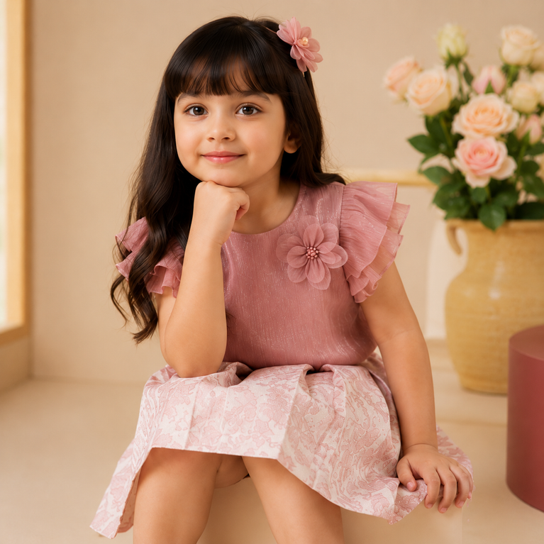 Dusty Rose Shimmer Ruffle Top & Floral Pleated Skirt Set