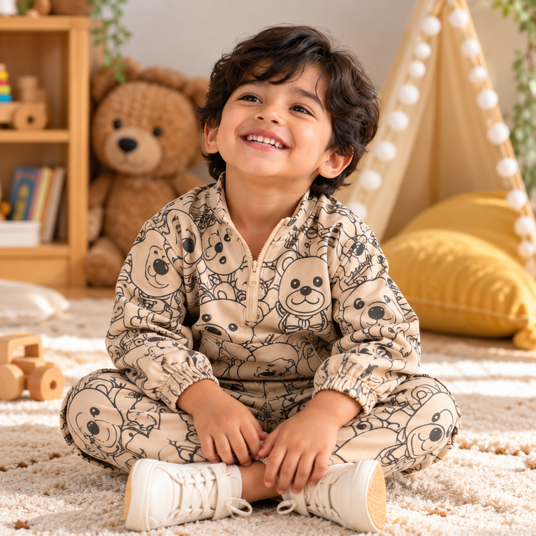 Teddy Bear Printed Co-Ord Set | Full-Sleeve Jacket & Cargo Pants