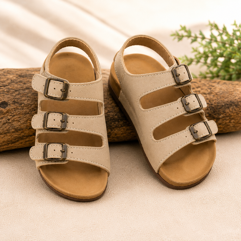 Kids Beige Triple Buckle Sandals | Comfortable Casual Summer Flats | Anti-Slip Lightweight Children's Sandals