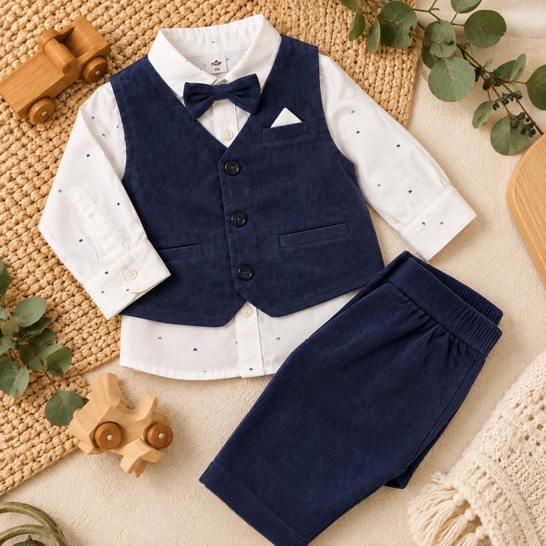 Navy Blue Corduroy Waistcoat, Shirt & Pants Set for Boys | Kids Formal Party Outfit