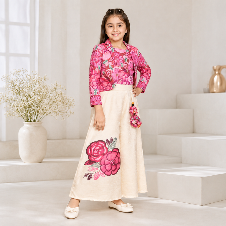 Pink Floral Jacket Top with Ivory Floral Palazzo Pants | Party Wear Set