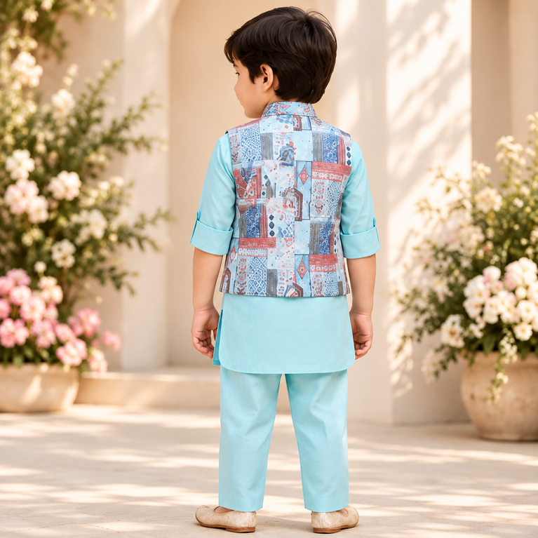Boys Full Sleeves Solid Kurta Pyjama Set with Printed Jacket - Firozi