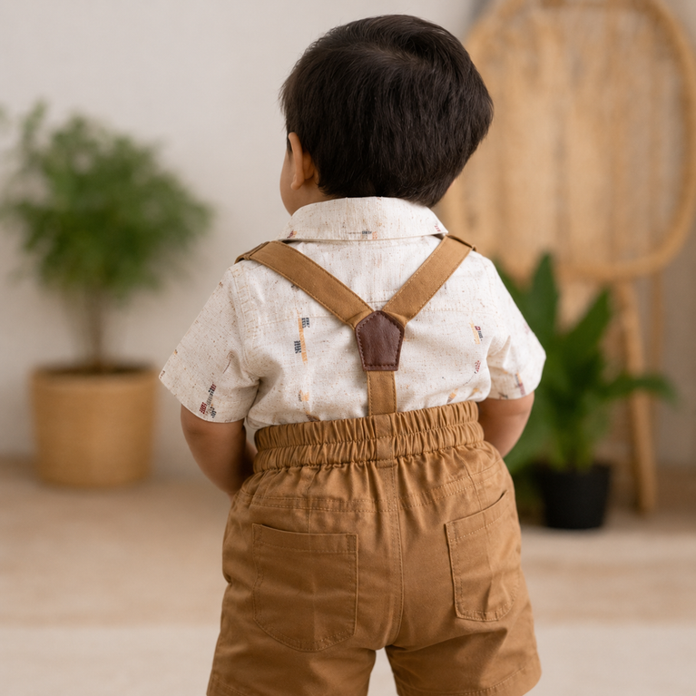 Baby Boys Gentleman Suspender Shorts Set with Bow Tie & Printed Shirt | Premium Infant Party Wear Outfit