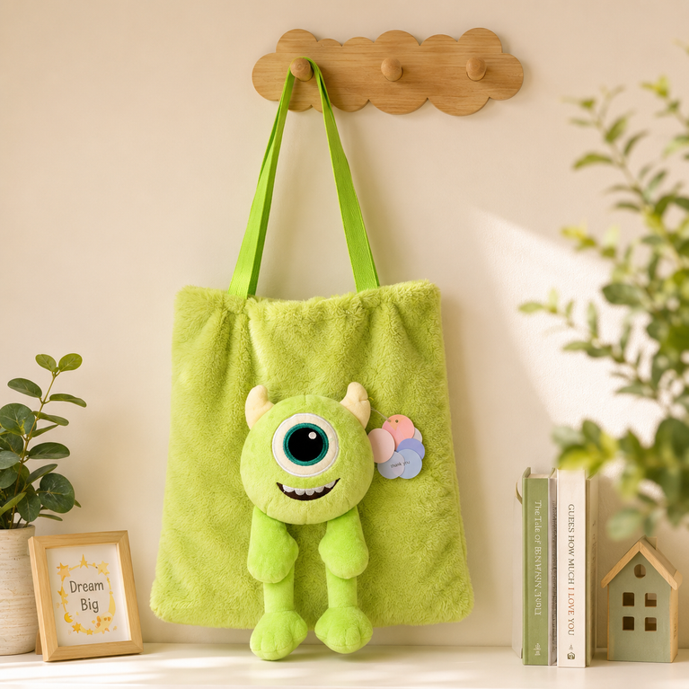 Plush Monster Tote Bag for Kids | Soft Furry Shoulder Bag with 3D Cartoon Plush Toy (Green)