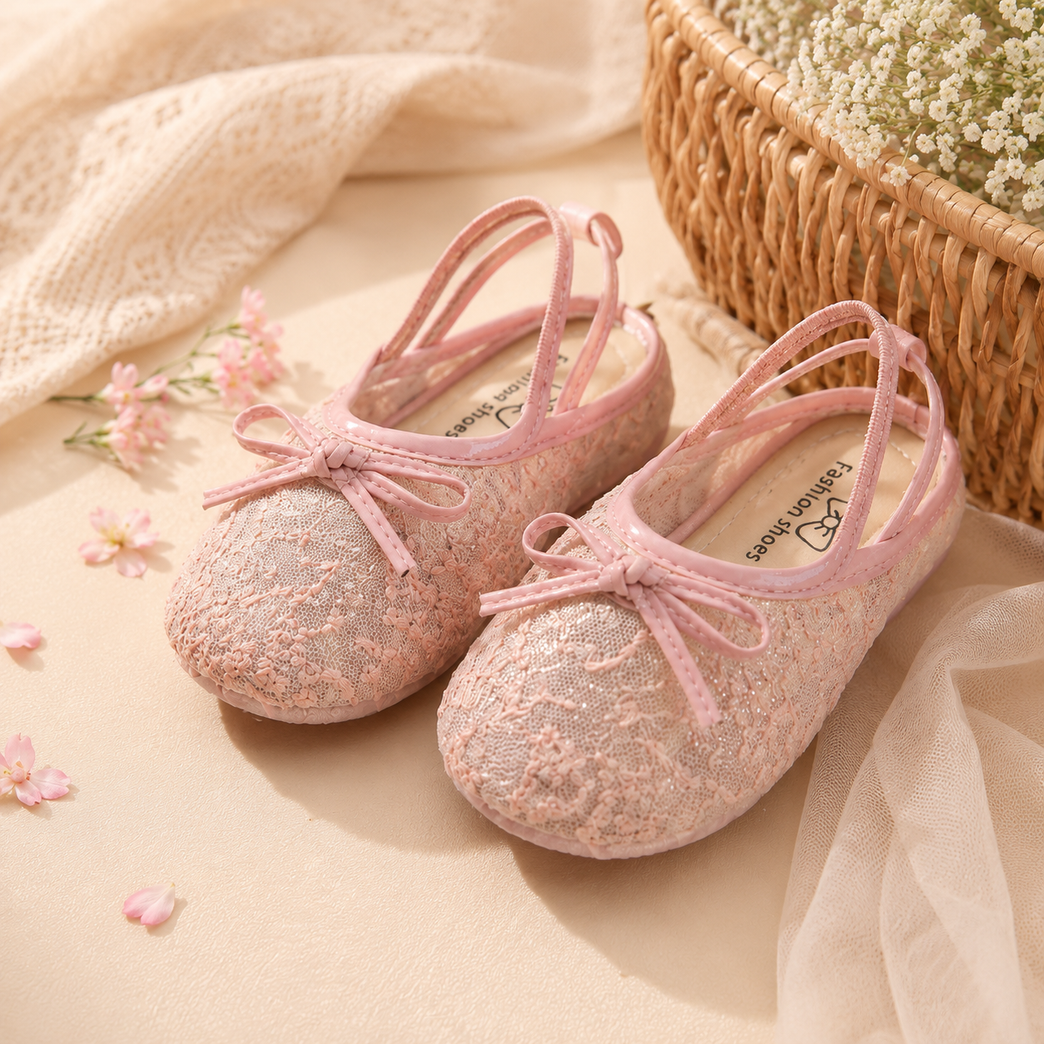 Girls' Blush Pink Lace Ballet Flats with Bow | Lightweight Party &amp; Casual Shoes