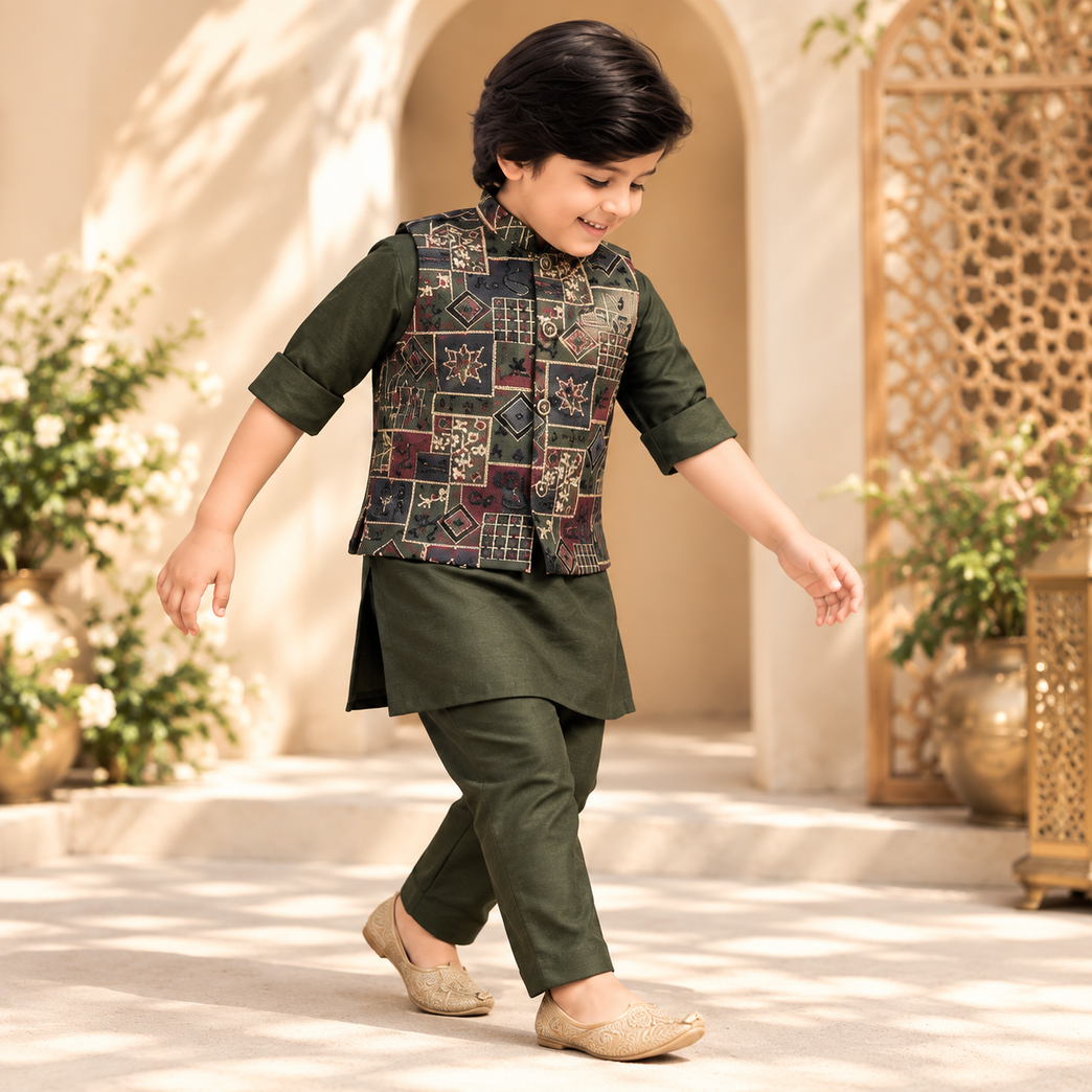 Boys Full Sleeves Solid Kurta Pyjama Set with Embroidered Printed Jacket - Olive