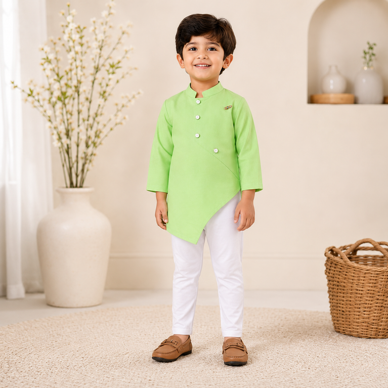Ninos Boys Cotton Full Sleeves Festive Multidesign Party Kurta Pyjama Set- L Green