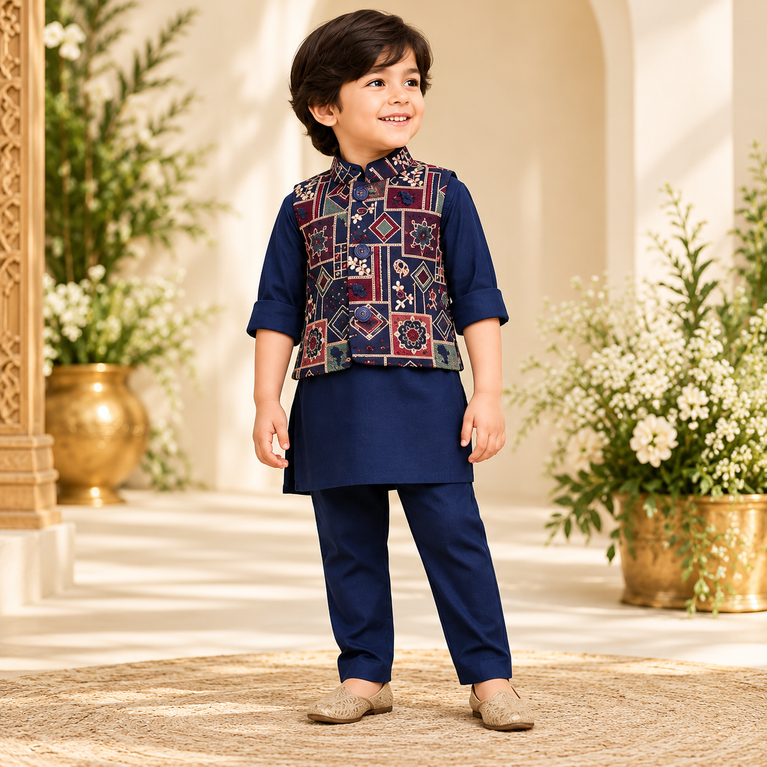 Aagam Full Sleeves Solid Kurta Pyjama Set with  Embroidered Printed Jacket - Navy Blue