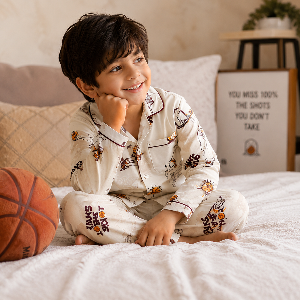 DOREME Premium Kids Basketball Print Cotton Night Suit Set | Half Sleeve Shirt &amp; Pyjama Co-ord Sleepwear for Boys