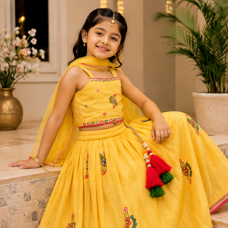 Yellow Embroidered Lehenga Choli with Dupatta | Kids Ethnic Wear
