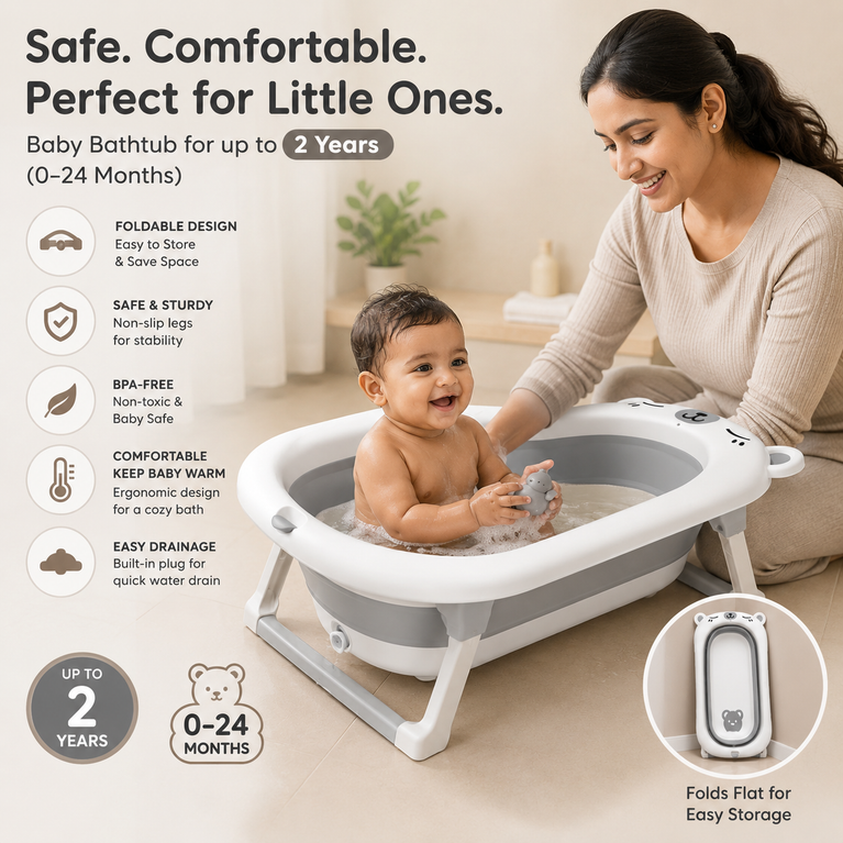 Premium Foldable Baby Bath Tub for Newborns & Toddlers (0–24 Months) | Portable Non-Toxic Infant Bathing Tub with Drain Plug & Anti-Slip Support | Easy Fold Travel Baby Bathtub