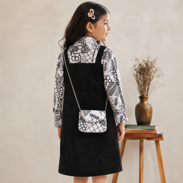Black Pinafore Dress with Printed Bow Shirt & Matching Sling Bag | Stylish Kids Outfit