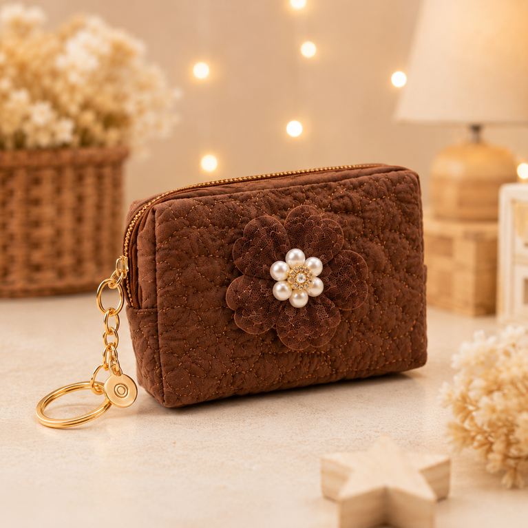 Floral Quilted Coin Purse Girls | Mini Zipper Wallet with Pearl Flower Charm, Keychain Ring | Cute Cash, Coin & Earbuds Pouch (Multi-Color)
