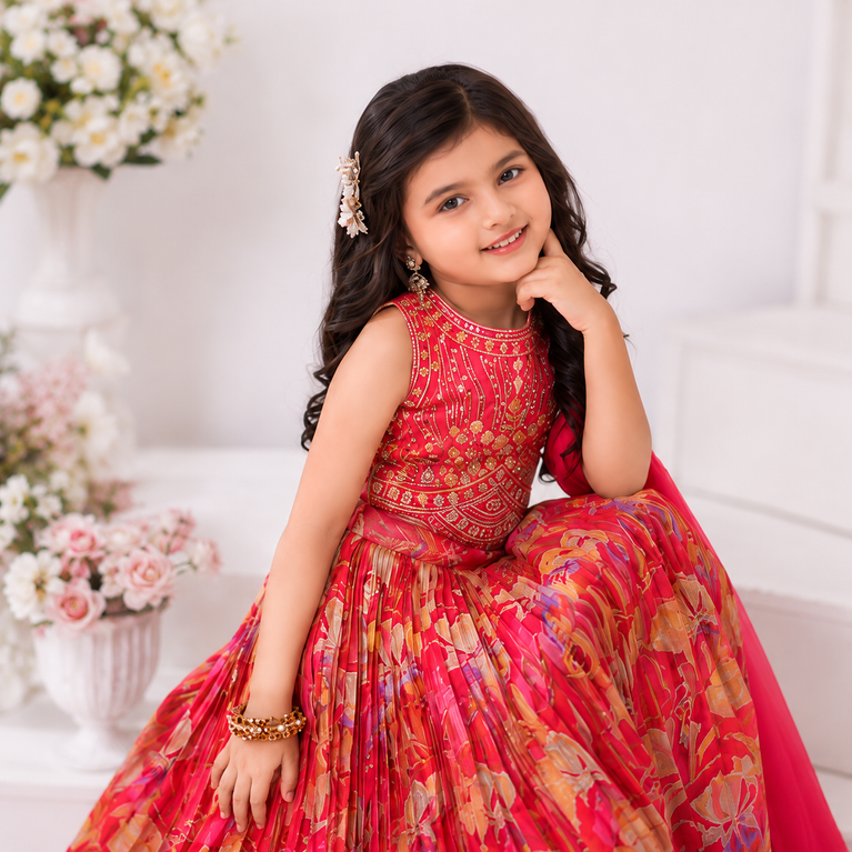 Girls Floral Printed Embroidered Lehenga Choli Set with Dupatta – Pink & Red Festive Ethnic Wear
