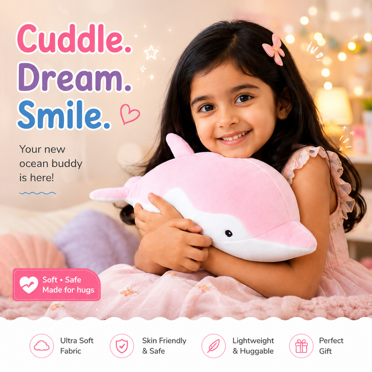 Nino’s Soft Pink Dolphin Plush Toy – Ultra-Cuddly Ocean Animal Stuffed Pillow for Kids