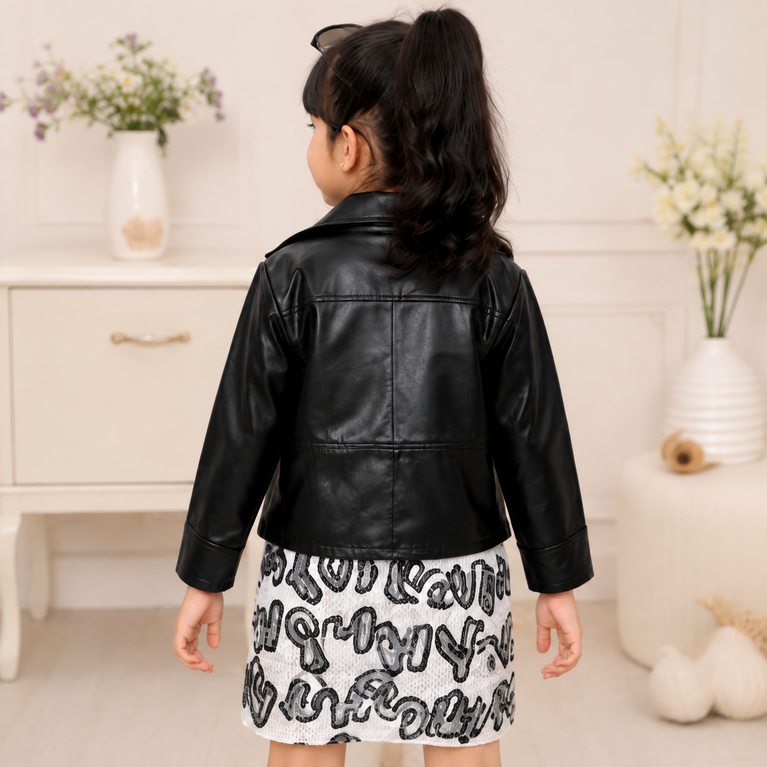 Girls White Teddy Graphic Dress with Black Jacket