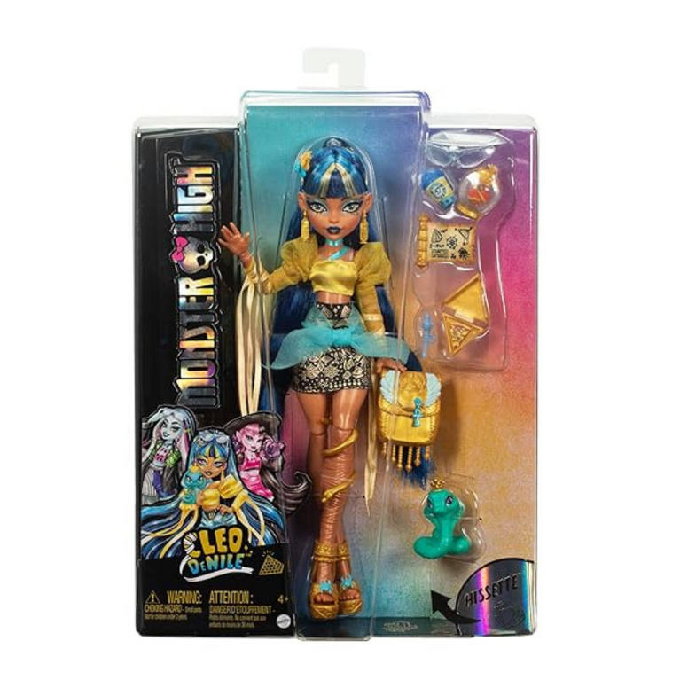 Monster High Cleo De Nile Doll in Golden Blouse and Layered Skirt, Includes Pet Cobra Hissette and Accessories Like a Backpack, Snack and Scroll