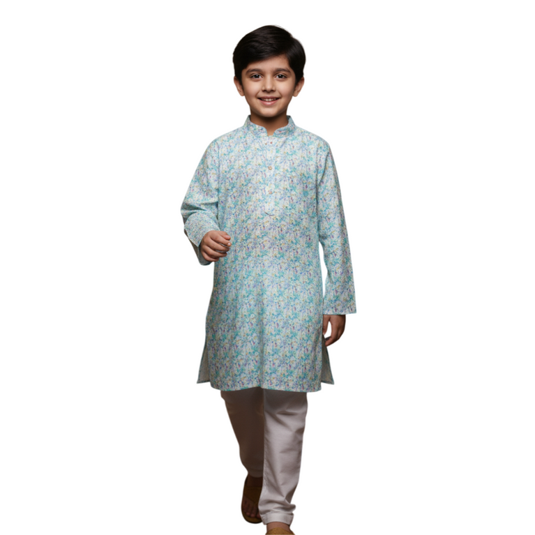 NINOS Boys Light Aqua Blue Abstract Print Kurta Pajama Set with Sequins – Festive & Casual Ethnic Wear