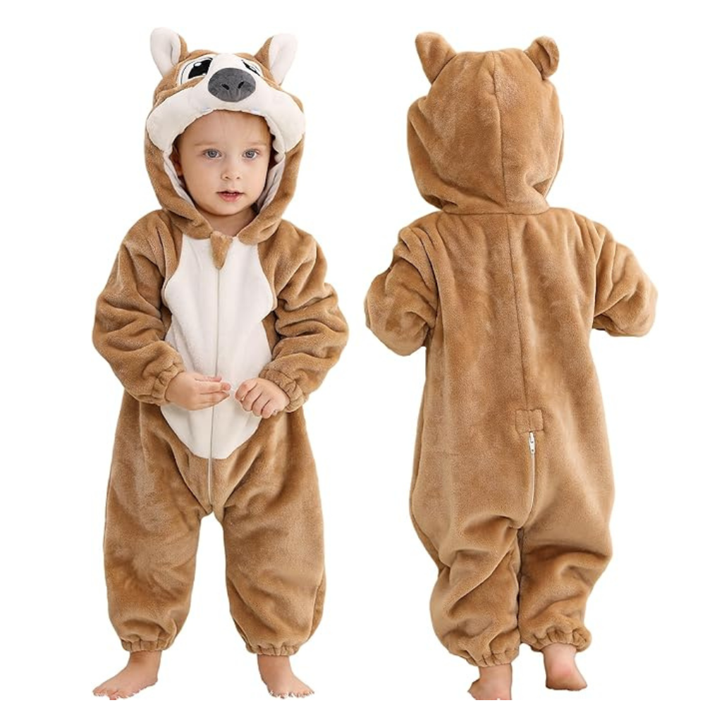 Michley- Unisex Baby Winter Hooded Romper Flannel Squarell Style Stitch Animal Long Sleeves Zip Cosplay Dress