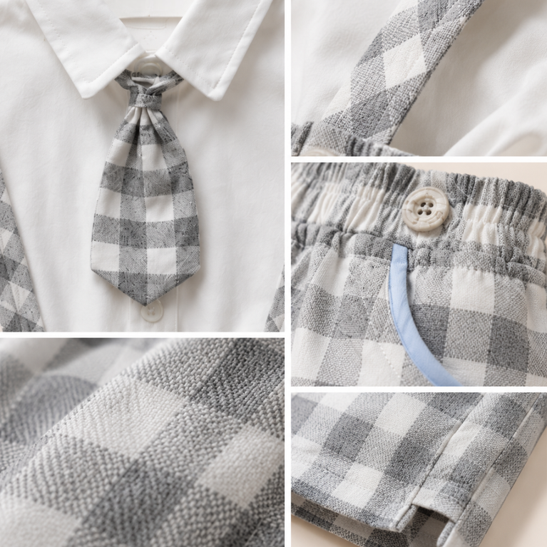 Kids Summer Formal Checks Shirt Shorts Set with Tie
