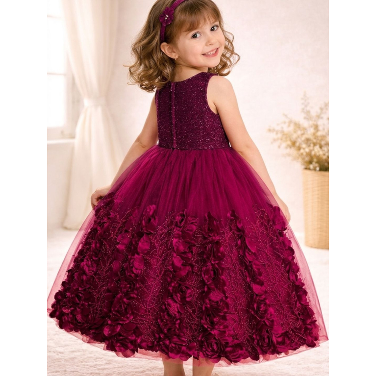 Elegant Floral Embellished Party Wear Gown for Girls with Glitter Tulle Skirt
