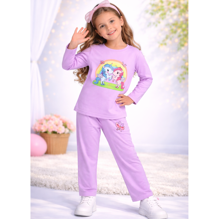 Ninos 100% Cotton Knit Full Sleeves "Unicorn Pair" Printed Coordinating Tee & Pants Set For Girls